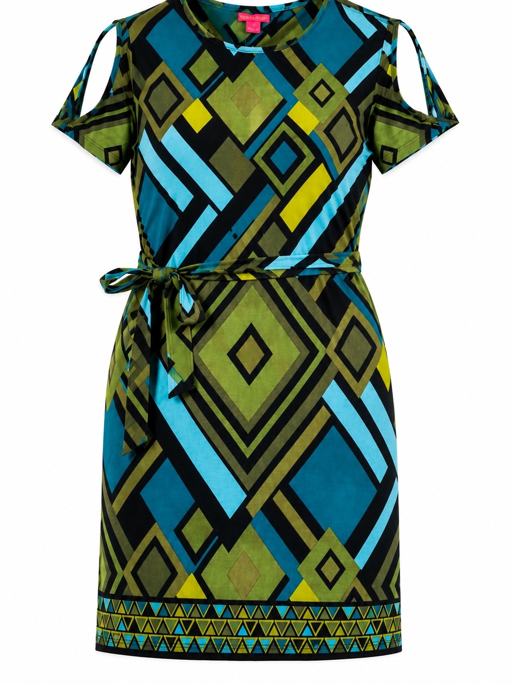 Sunny Leigh Teal, Olive & Black Geometric Cold-Shoulder Midi Dress